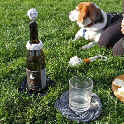 Bottle of champagne with a dog and person in the background on grass