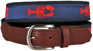 Leather Tab Belt - Navy with Red Lobsters - The Summer Shop