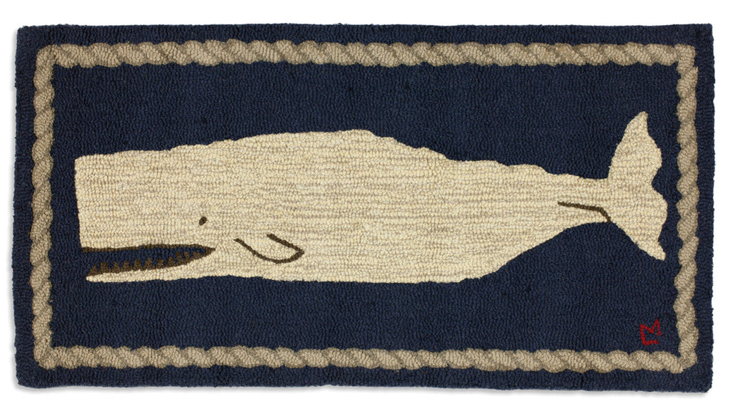 White Whale on Navy Hooked Rug - The Summer Shop